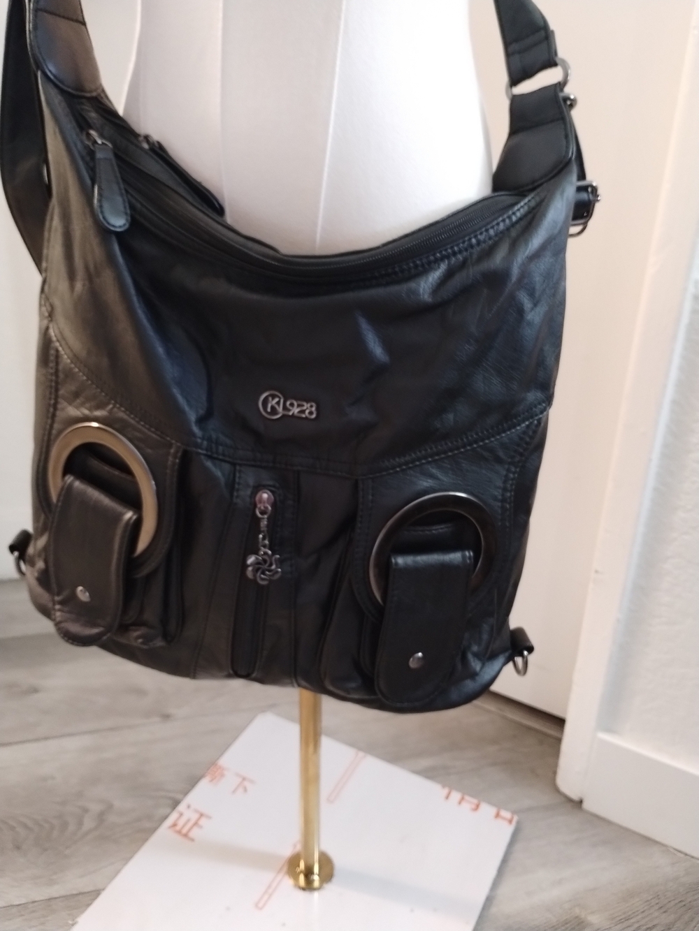 Black Faux Leather Shoulder Bag with Ring Accents
